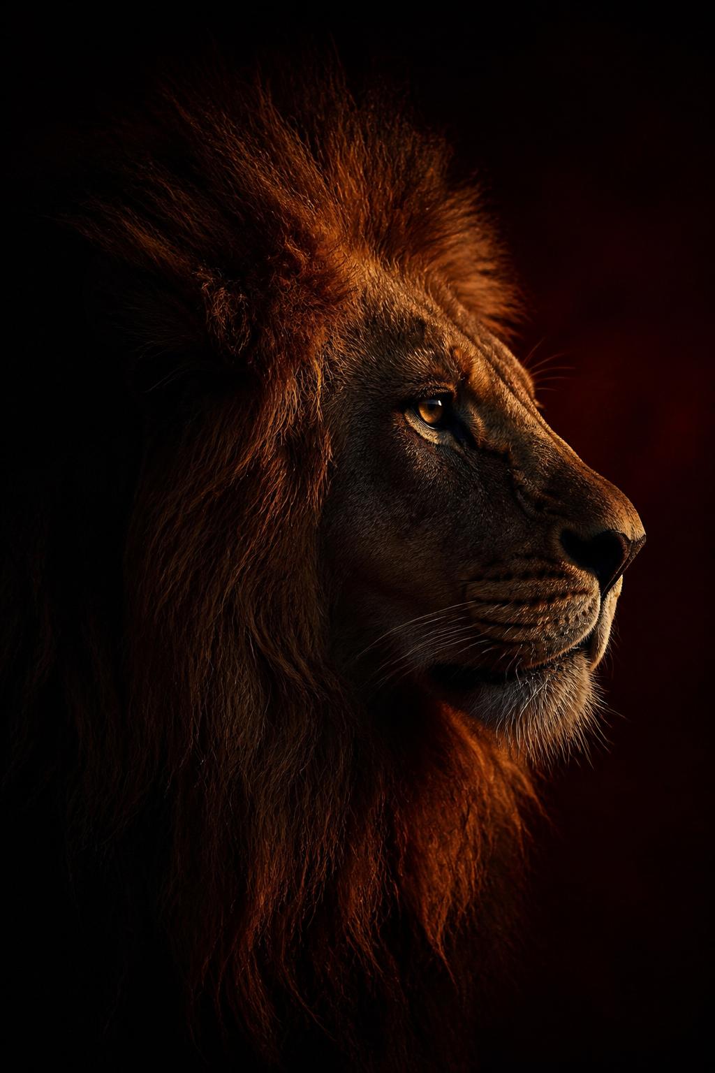 A still lion in profile, watchful and composed